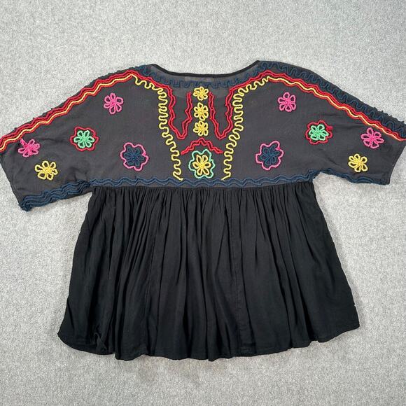 Free Generation Yarn Embroidered Babydoll Top Size Small Black Colorful Boho - Picture 8 of 9